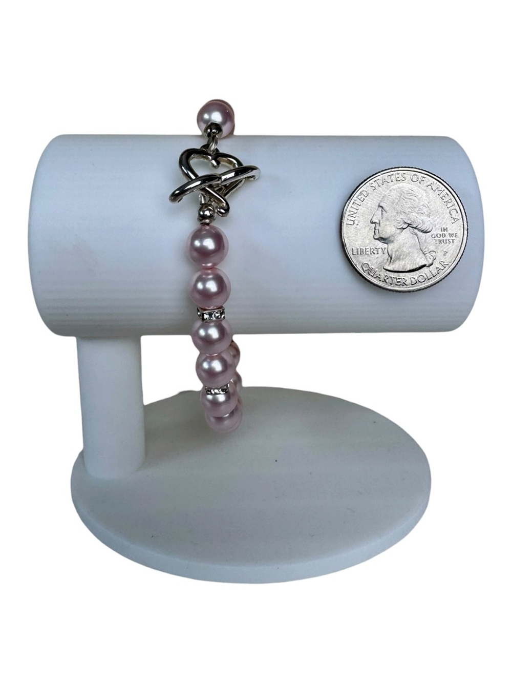 Pink Faux Pearl Heart Toggle Bracelet Rhinestone Beaded Silver Tone 8.5” - Picture 3 of 4